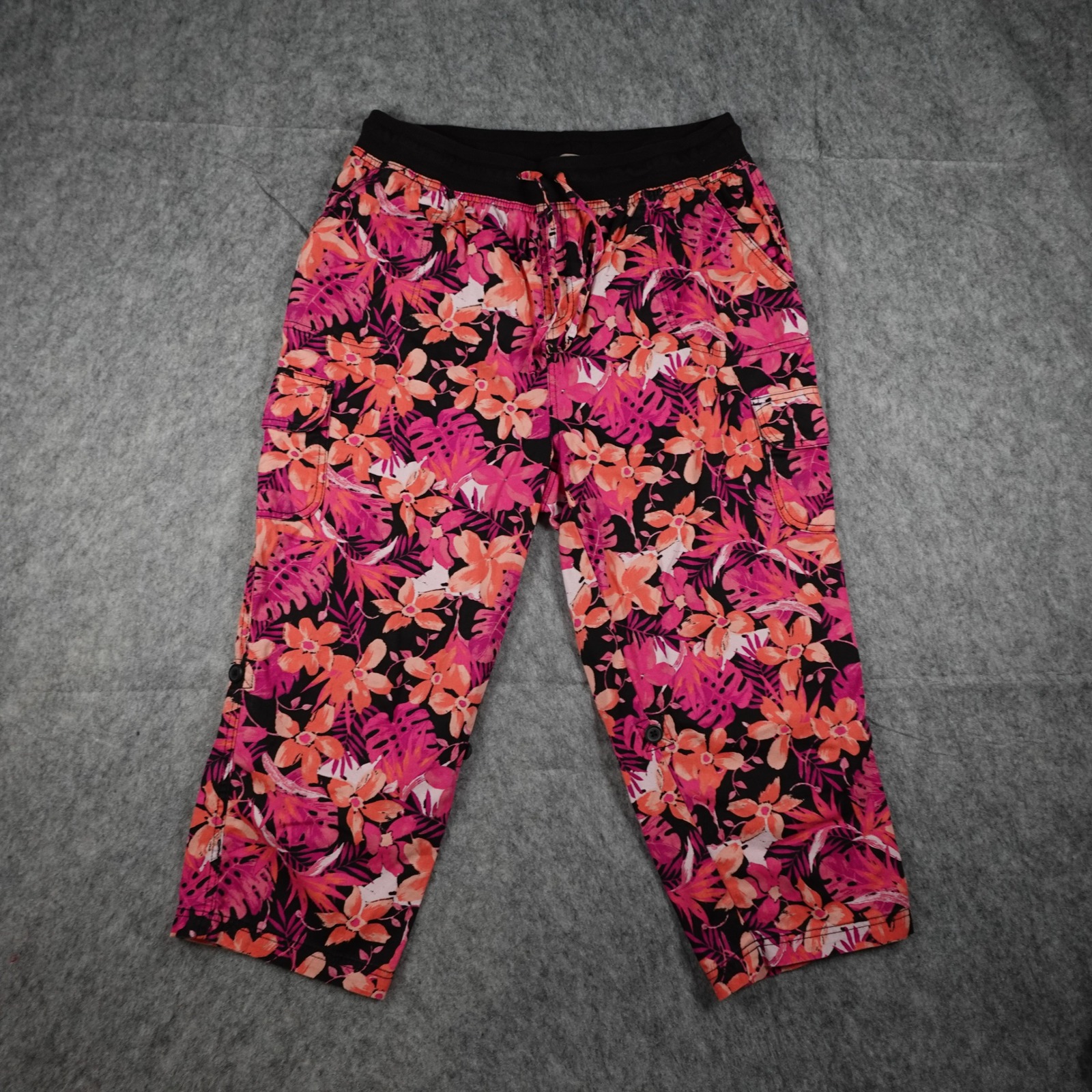 Woman Within Pants Womens 14w Pink Floral Tropical Elastic Waist Cargo Capri